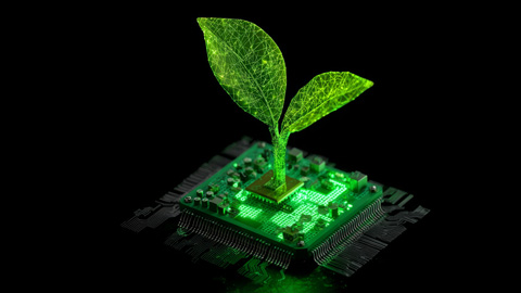 A green plant sprouting from a glowing microchip on a black background.